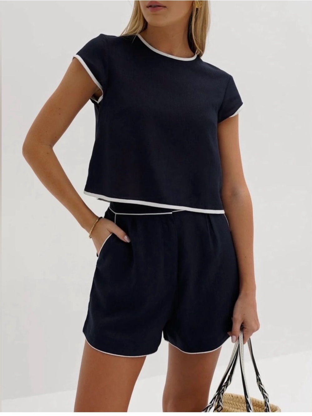 Commense Navy Blue Crop Top with White Trim Accents